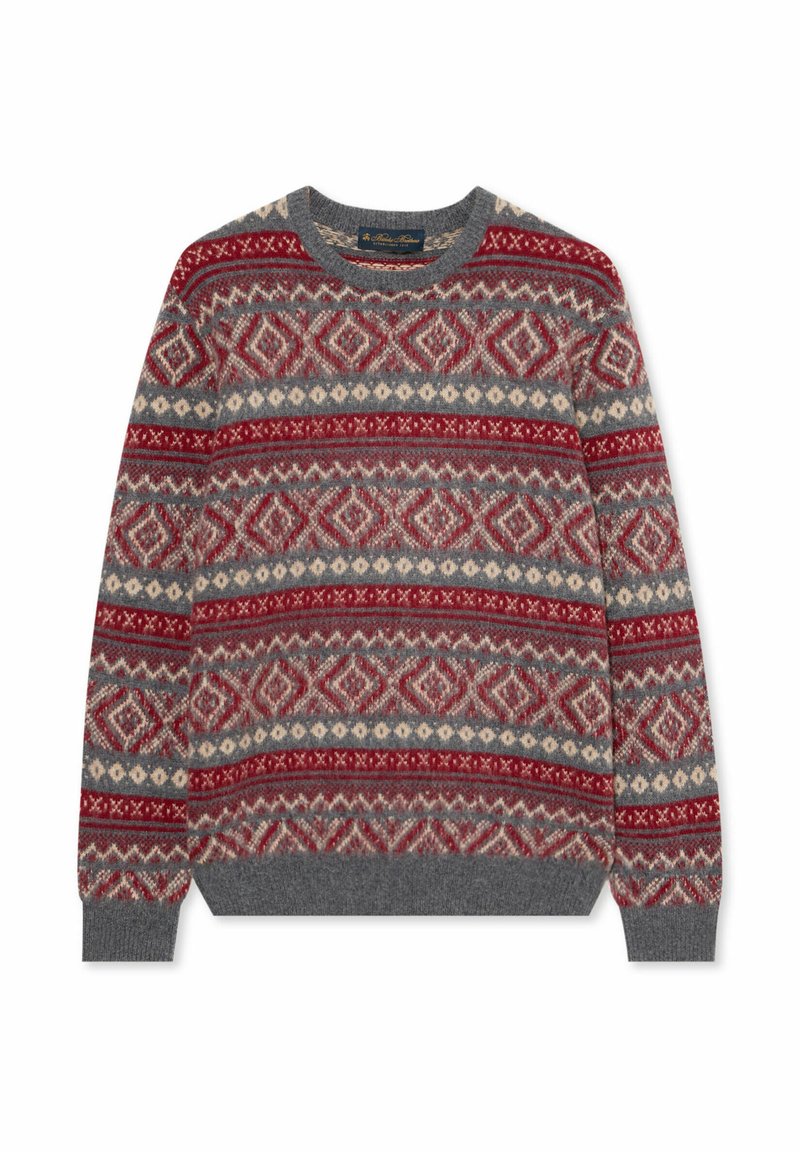 Gebreide trui met ronde hals, met een rood, grijs en crèmekleurig geometrisch patroon, geribbelde boorden en zoom, gemaakt van een zachte wolmix.