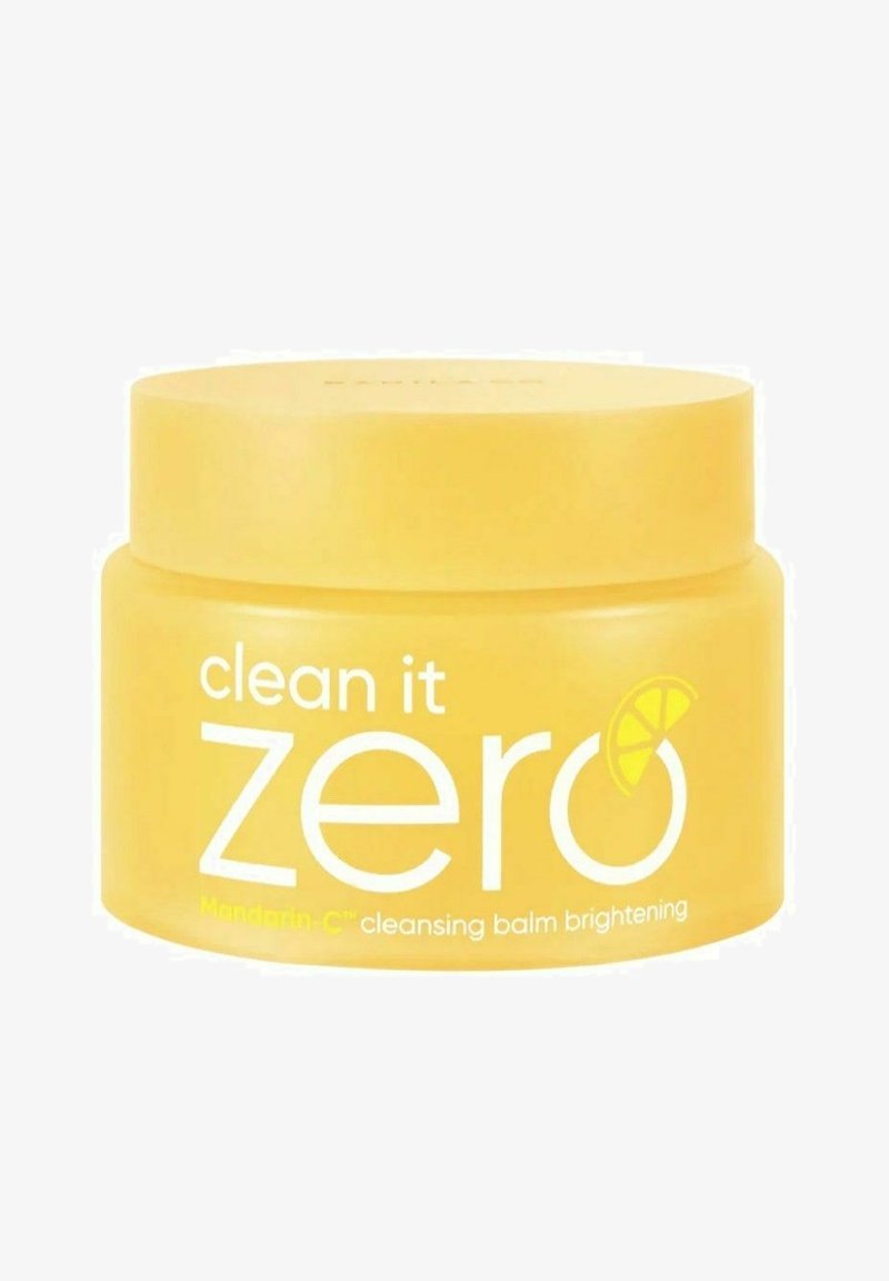 Gult rundt beholder med glatt finish. Har hvit tekst "clean it zero" og liten sitrongrafikk. Etiketten inkluderer "Mandarin-C rensebalm for oppstramming."