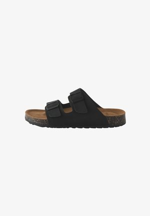 Zwarte sandalen met twee verstelbare banden, een kurken voetbed, een geprofileerde rubberen loopzool en een lichtgewicht ontwerp met een semi-matte afwerking.