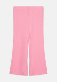 Pink ribbed leggings with a flared hem, featuring a smooth texture and stretchy material; no visible hardware or patterns.