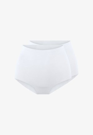 High-waisted white cotton briefs in a pack of two, featuring smooth texture and seamless design for comfort and fit.