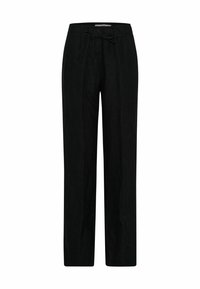 Czarne lniane spodnie o luźnym kroju. Posiadają elastyczny pas ze sznurkiem i minimalną teksturę, co zapewnia gładki, lekki wygląd.