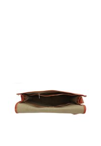 Tasche aus Leinen und Leder, braune Lederakzente, breiter Reißverschluss, beiges Innenfutter und mehrere Taschen zur Organisation.