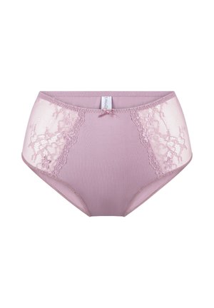 Vysoké růžové spodní prádlo s krajkovými postranními panely a malou mašlí uprostřed přední části. Texturovaná látka s hladkým povrchem.