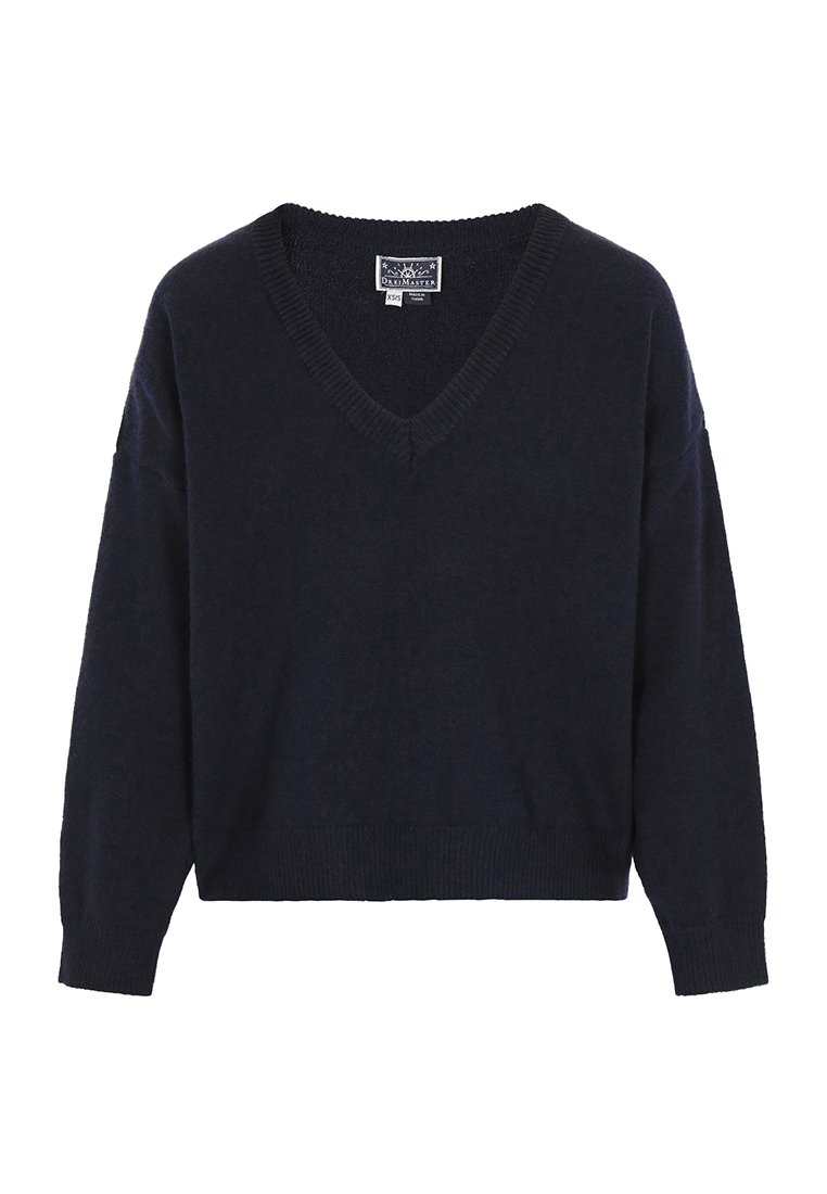 Dunkelblaues V-Ausschnitt-Strickpullover mit langen Ärmeln und gerippten Manschetten und Saum, auf einem weißen Hintergrund präsentiert.