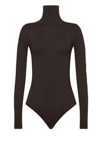 Långärmad, svart bodysuit med hög ståkrage. Tillverkad i ett mjukt, stretchigt material. Har en åtsittande silhuett och tryckknappar i botten.