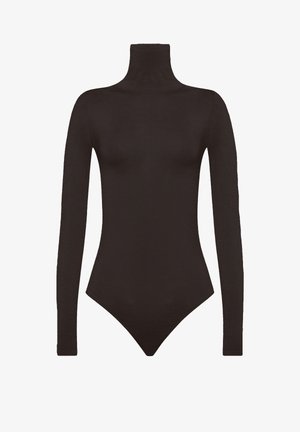 Langærmet, sort bodysuit med høj mock neck. Fremstillet af et glat, strækbart stof. Har en tætsiddende silhuet og trykknaplukning i bunden.