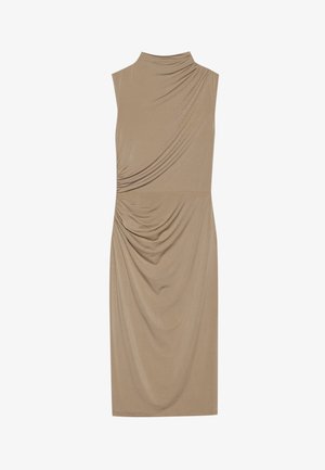 Kergebeež kleit ilma varrukateta, kõrge kaelusega, millel on rõhutatud kangas ja kogutud detailid ühel küljel. Valmistatud pehmest ja siledast materjalist.