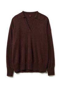 Pull marron en V en tissu tricot doux. Doté d'un col et de manches longues avec des poignets et un ourlet côtelés. Couleur unie simple.