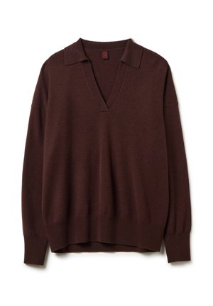 Pull marron en V en tissu tricot doux. Doté d'un col et de manches longues avec des poignets et un ourlet côtelés. Couleur unie simple.