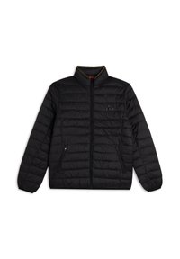 Chaqueta negra acolchada con cuello alto, cremallera frontal y bolsillos laterales. Presenta una textura acolchada y un pequeño logotipo en el pecho.