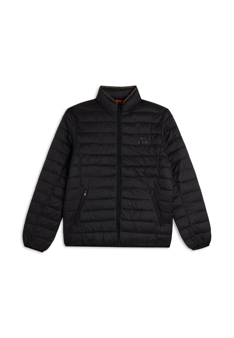 Chaqueta negra acolchada con cuello alto, cremallera frontal y bolsillos laterales. Presenta una textura acolchada y un pequeño logotipo en el pecho.