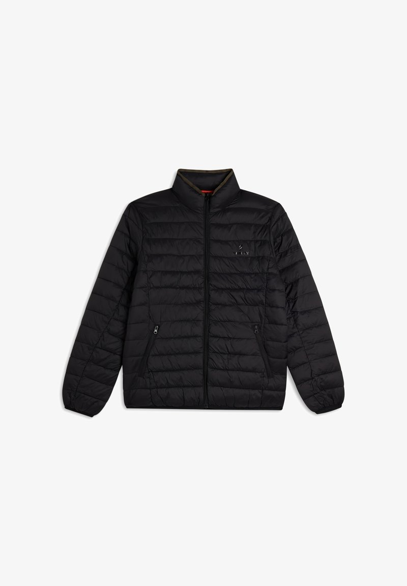Chaqueta negra acolchada con cuello alto, cremallera frontal y bolsillos laterales. Presenta una textura acolchada y un pequeño logotipo en el pecho.