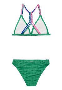 Zelený bikiny set s trojuholníkovým topom a ružovými, modrými a zelenými popruhmi a štruktúrovanými zelenými spodkami s jemným vzorom.