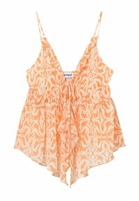 Haut orange sans manches avec un col en V, une taille froncée et un ourlet asymétrique. Présente un motif abstrait crème et de fines bretelles réglables.