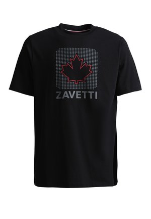 Black short-sleeve T-shirt with a pixelated gray square, red-edged maple leaf in the center, and the word "ZAVETTI" below the design.
