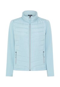 Light blue layered jacket featuring a zip-up front, textured paneling on the upper half, and smooth fabric on the sleeves and lower section.
