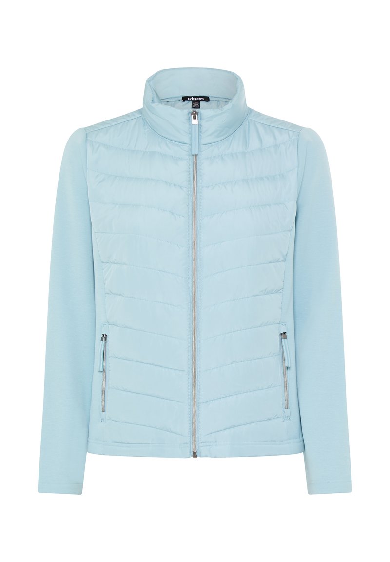 Light blue layered jacket featuring a zip-up front, textured paneling on the upper half, and smooth fabric on the sleeves and lower section.