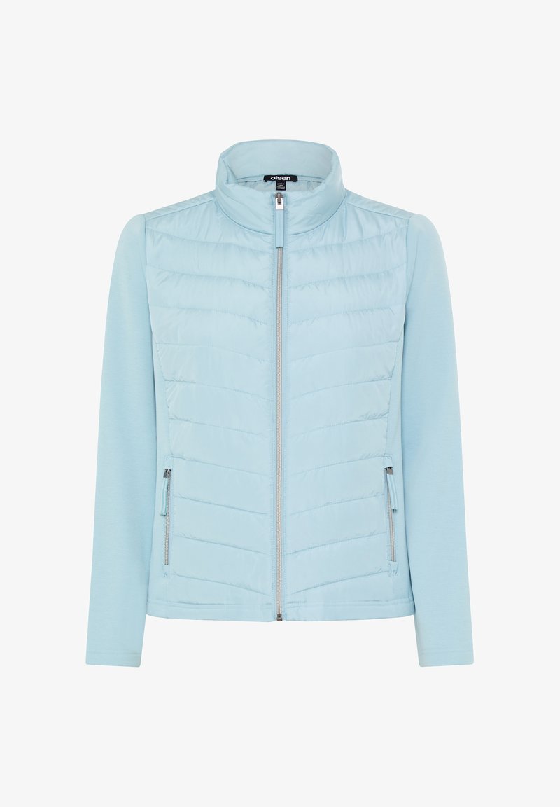 Light blue layered jacket featuring a zip-up front, textured paneling on the upper half, and smooth fabric on the sleeves and lower section.