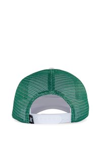 Green mesh baseball cap with white adjustable snap closure. Features textured surface and prominent stitching along the crown.
