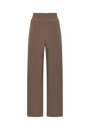 Pantalon marron à jambes larges en tissu doux avec une taille smockée. Les jambes sont amples et présentent une texture lisse.