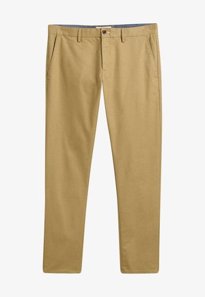 Khaki chinos featuring a smooth fabric texture, straight leg design, front pockets, and a button closure. Structured waist with belt loops.