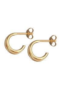 Goldene Spiralohringe mit polierter Oberfläche; verfügen über geschwungene Formen und eine Steckverschluss, was ein elegantes und strukturiertes Design schafft.