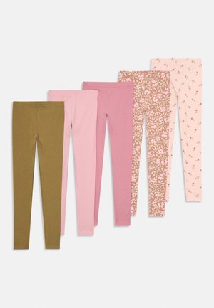 Cinq paires de leggings pour filles en olive uni, rose clair, rose poudré, motif floral rose et rose clair avec petits imprimés floraux.