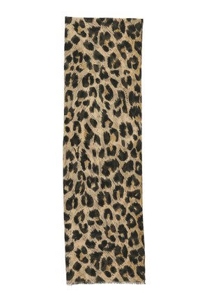 Longue écharpe rectangulaire avec motif léopard beige, marron et noir et bords effilochés.