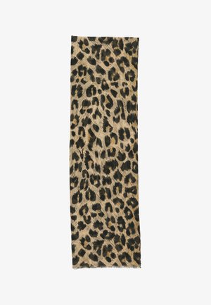 Longue écharpe rectangulaire avec motif léopard beige, marron et noir et bords effilochés.