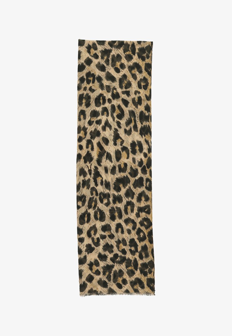 Longue écharpe rectangulaire avec motif léopard beige, marron et noir et bords effilochés.