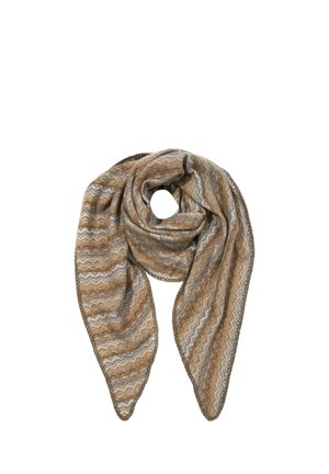Gestrickter Schal in Beige, Braun und Grau mit Zickzackmuster, gefaltet mit zwei spitzen Enden, die nach unten hängen.