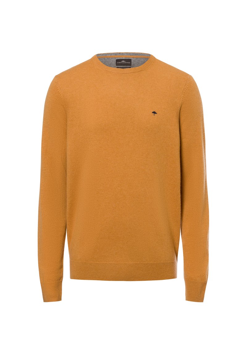 Senfgelber Rundhals-Pullover aus weichem Material, mit langen Ärmeln und einem kleinen schwarzen Logo auf der Brust. Schlichte Textur.