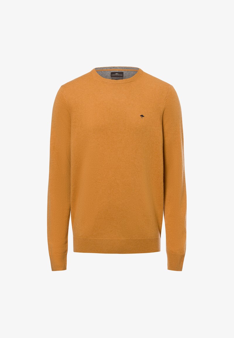 Senfgelber Rundhals-Pullover aus weichem Material, mit langen Ärmeln und einem kleinen schwarzen Logo auf der Brust. Schlichte Textur.