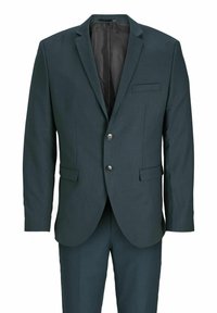 Mørk teal jakkesæt med en enkeltbrystet jakke med to knapper, notched klapkrave og en brystlomme. Stoffet har en glat overflade.