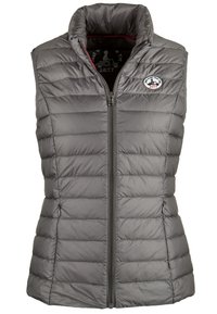 Szara puchowa kamizelka z wysokim kołnierzem, zamkiem błyskawicznym, poziomym pikowaniem oraz naszywką z logo na lewej piersi. Lekka i ocieplana.