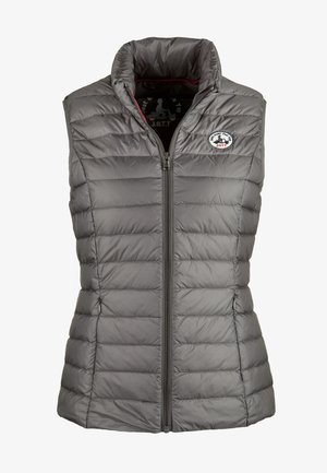 Gilet imbottito grigio con collo alto, chiusura con zip, motivo trapuntato orizzontale e patch con logo sul petto a sinistra. Design leggero e isolante.