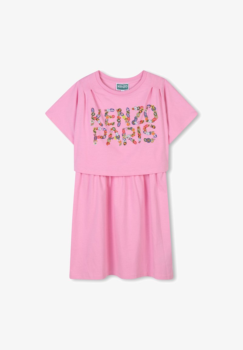 Robe rose à manches courtes avec un col rond, ornée d'un design textuel coloré "KENZO PARIS". Tissu en coton doux avec une taille froncée.