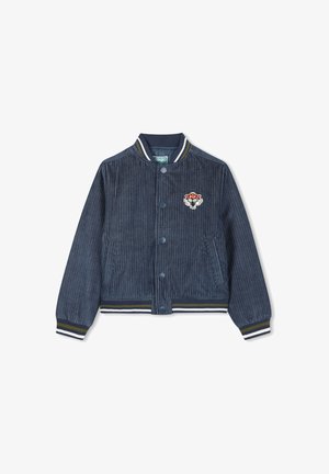 Navy blauwe ribfluwelen bomberjack met geribbelde kraag, manchetten en zoom gestreept in wit en olijfgroen, met een klein geborduurd tijgergesicht op de borst.