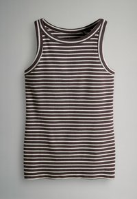 Svītrains topiņš tumši purpura un krēmkrāsā, ar ribotu tekstūru, apaļu kakla izgriezumu un bez piedurknēm, ar kontrastējošām malām.