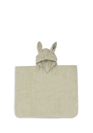 Poncho serviette à capuche pour enfants beige doux, avec des oreilles de lapin sur la capuche, conçu pour s’enrouler autour du corps pour sécher et réchauffer.
