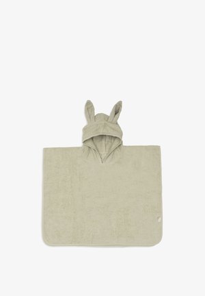 Zachte beige kindermantelhanddoek met kap en konijnenoren op de kap, ontworpen om om het lichaam te wikkelen voor drogen en warmte.