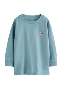Ljusblå långärmad sweatshirt med rundad halsringning och en liten broderad patch av en björn på framsidan. Enkelt, avslappnat design.