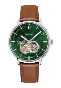 Montre pour homme avec un boîtier en acier inoxydable, un cadran vert, un bracelet en cuir brun et un mouvement mécanique visible. Marqueurs et aiguilles en argent.
