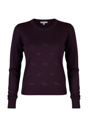 Maglione viola scuro a maniche lunghe con sottili motivi a rilievo di cani, polsini e orlo a costine, e scollatura rotonda.