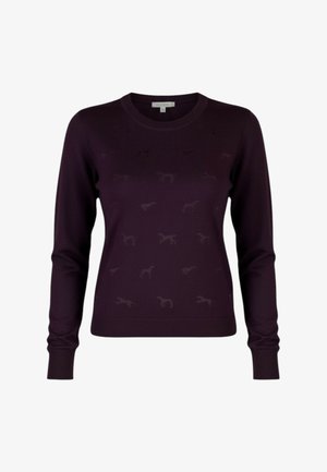 Maglione viola scuro a maniche lunghe con sottili motivi a rilievo di cani, polsini e orlo a costine, e scollatura rotonda.
