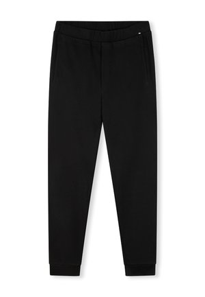Pantaloni della tuta neri realizzati in tessuto morbido, con vita elastica, due tasche laterali, gambe affusolate e polsini a coste.