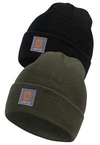 Black and olive green knit beanie hats with a folded brim and a rectangular gray patch featuring an orange logo.