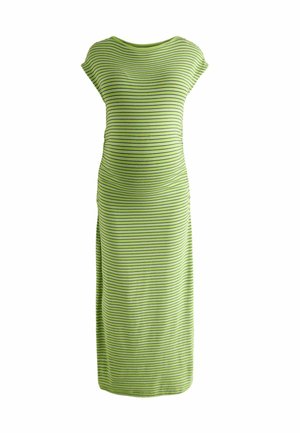 Maxikleid mit grünen Streifen und kurzen Ärmeln, aus weichem Stoff gefertigt. Verfügt über horizontale schwarze Streifen und eine figurbetonte Silhouette.