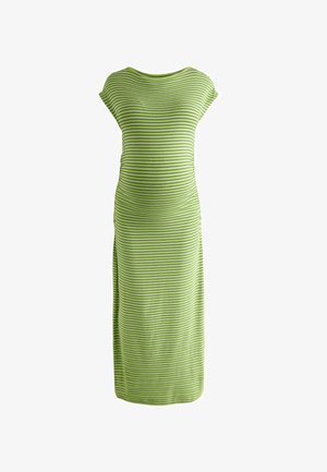 Zelené maxi šaty s krátkými rukávy, vyrobené z měkké látky. Mají horizontální černé pruhy a přiléhavý střih.